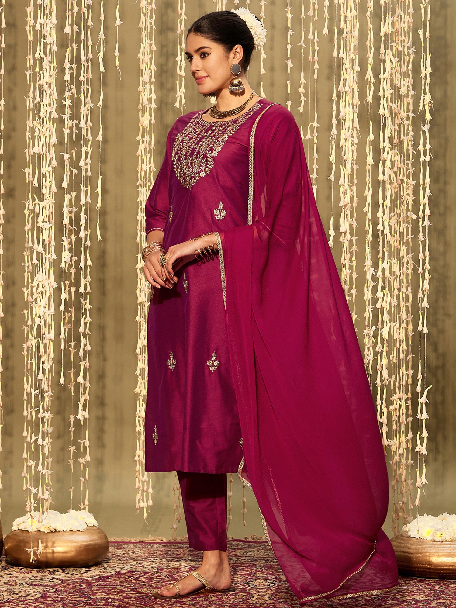 Indo Era Magenta Embroidered Straight Kurta Trousers With Dupatta set - Distacart