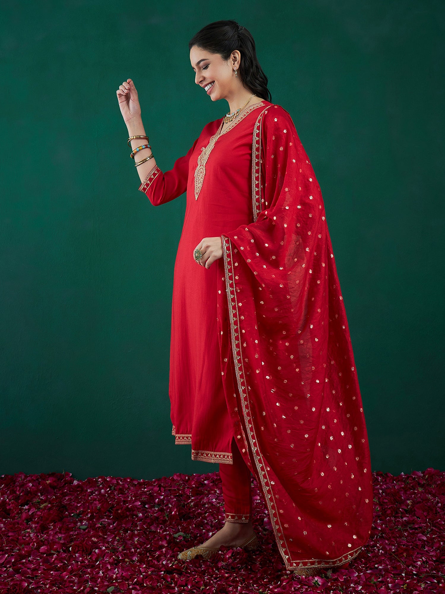 Indo Era Red Embroidered Straight Kurta Trousers With Dupatta set - Distacart