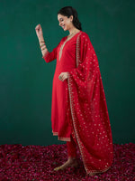 Thumbnail for Indo Era Red Embroidered Straight Kurta Trousers With Dupatta set - Distacart