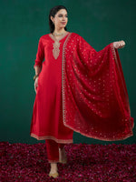 Thumbnail for Indo Era Red Embroidered Straight Kurta Trousers With Dupatta set - Distacart
