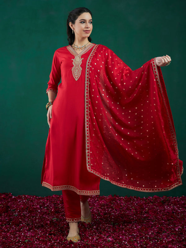 Indo Era Red Embroidered Straight Kurta Trousers With Dupatta set - Distacart