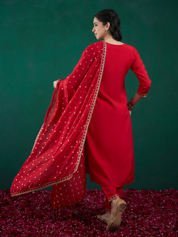 Indo Era Red Embroidered Straight Kurta Trousers With Dupatta set - Distacart