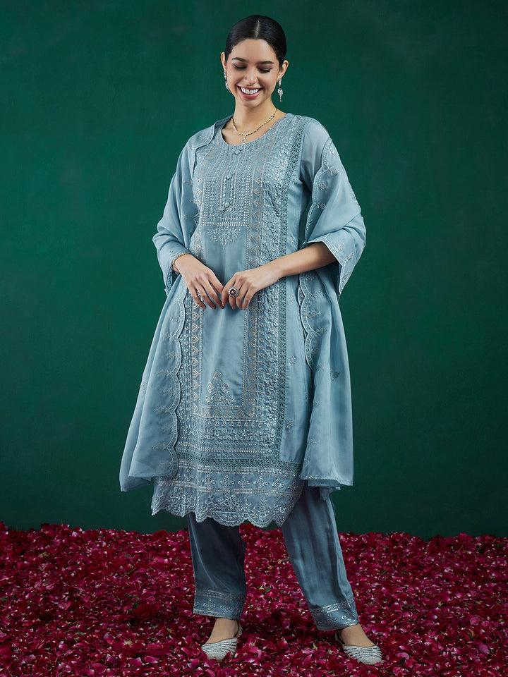 Buy Women Blue Embroidered Straight Kurta Trousers With Dupatta