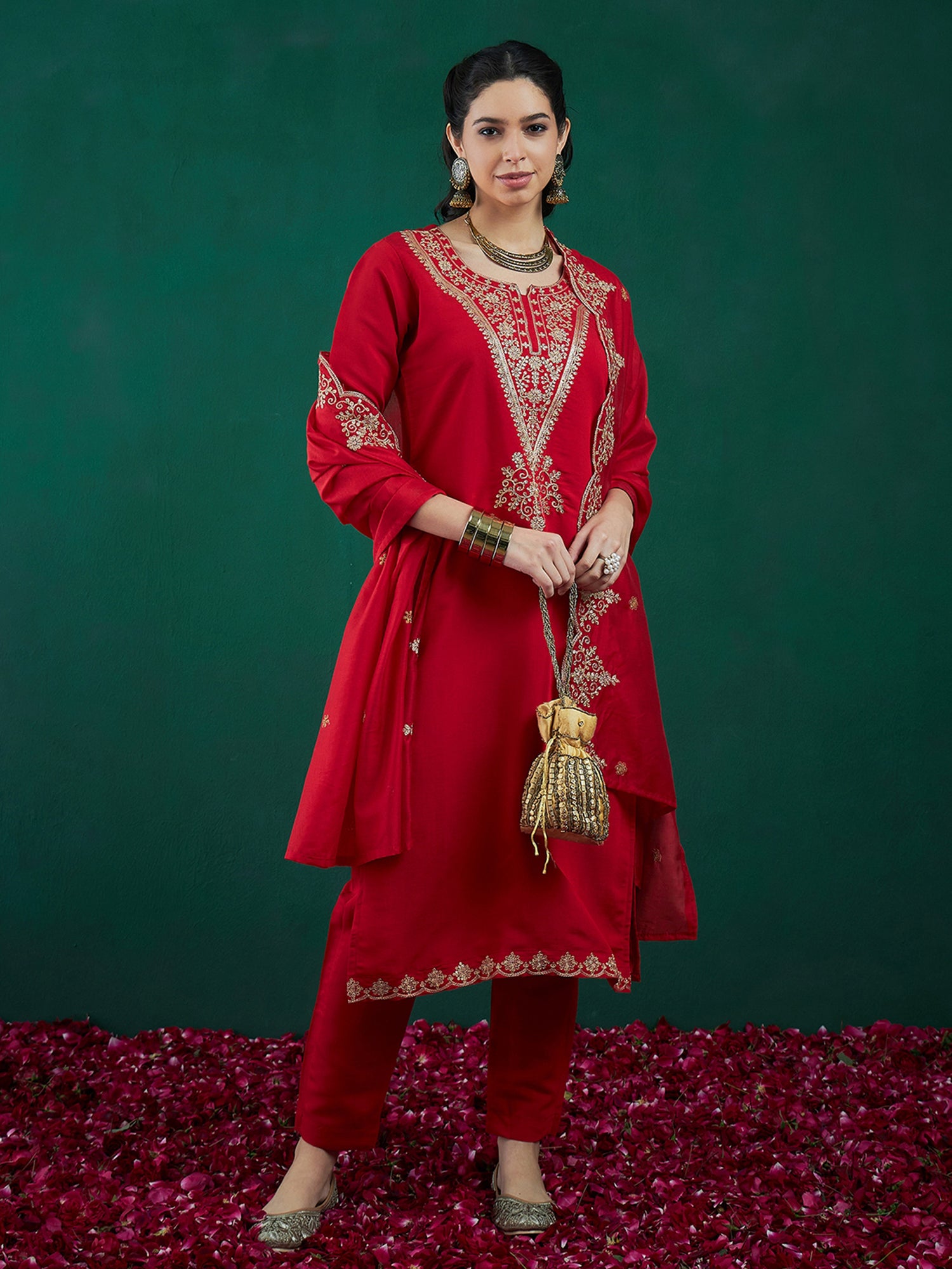 Indo Era Red Embroidered Straight Kurta Trousers With Dupatta set - Distacart