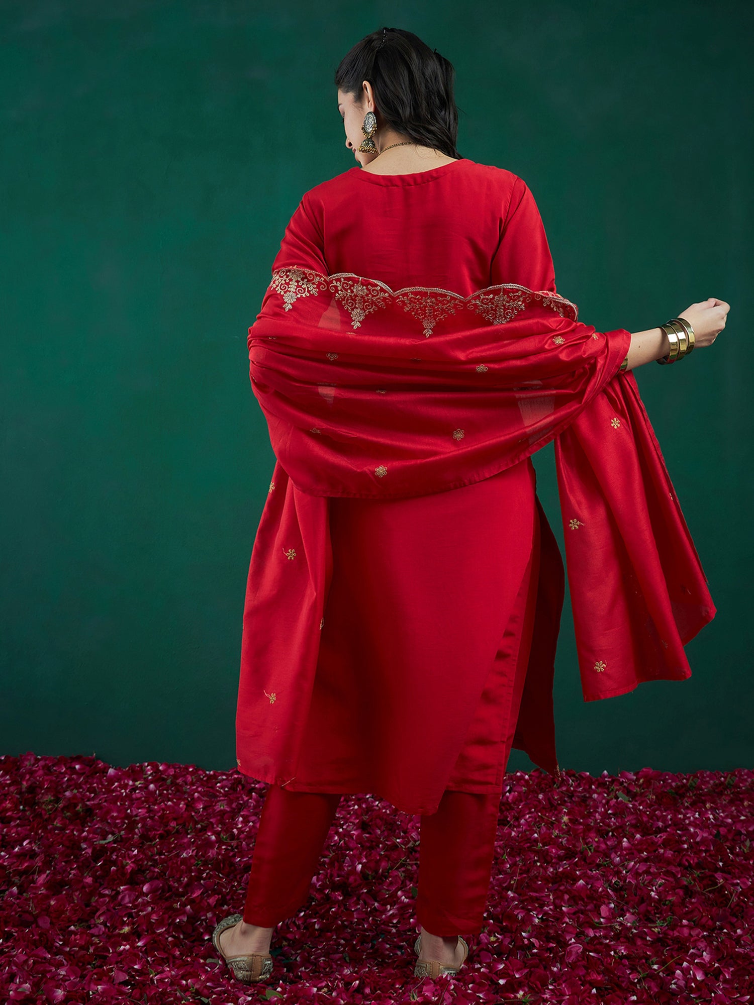 Indo Era Red Embroidered Straight Kurta Trousers With Dupatta set - Distacart