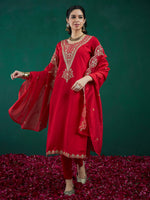 Thumbnail for Indo Era Red Embroidered Straight Kurta Trousers With Dupatta set - Distacart