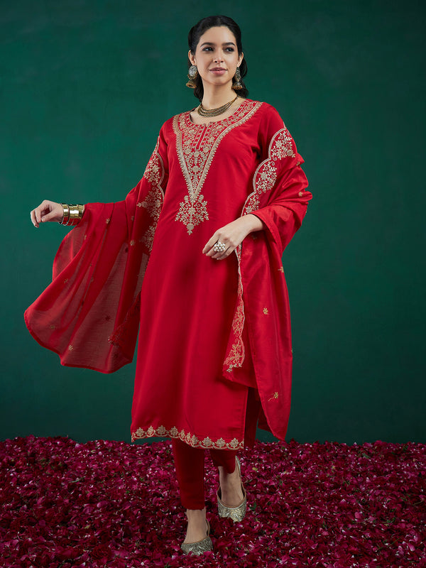 Indo Era Red Embroidered Straight Kurta Trousers With Dupatta set - Distacart