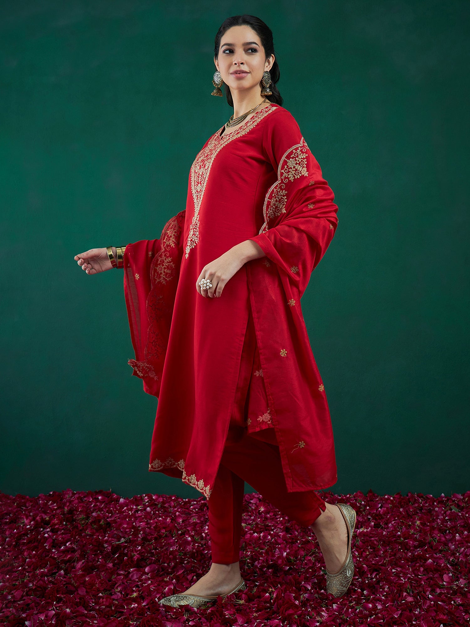 Indo Era Red Embroidered Straight Kurta Trousers With Dupatta set - Distacart