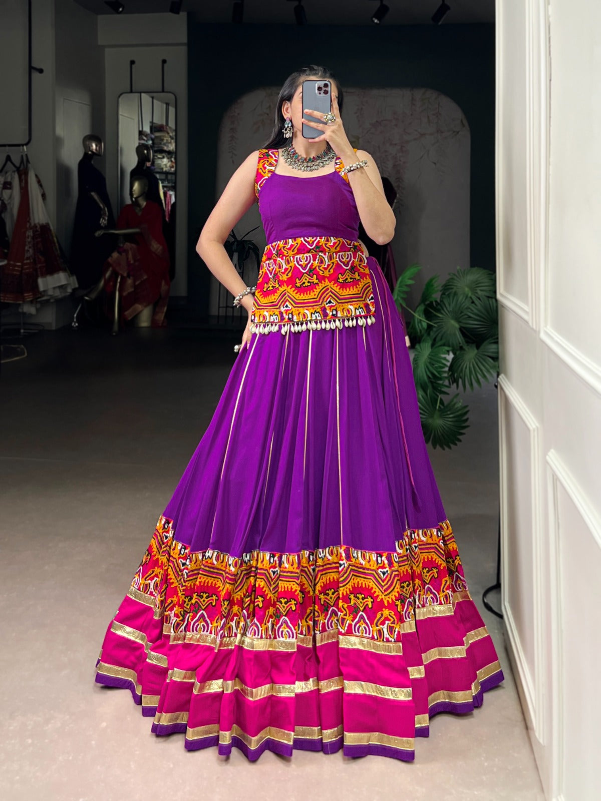 Lorenvalley Fashion Purple Pure Rayon Gamthi Work And Embossed Design With Gota Patti Lace Touch Up Lehenga Choli