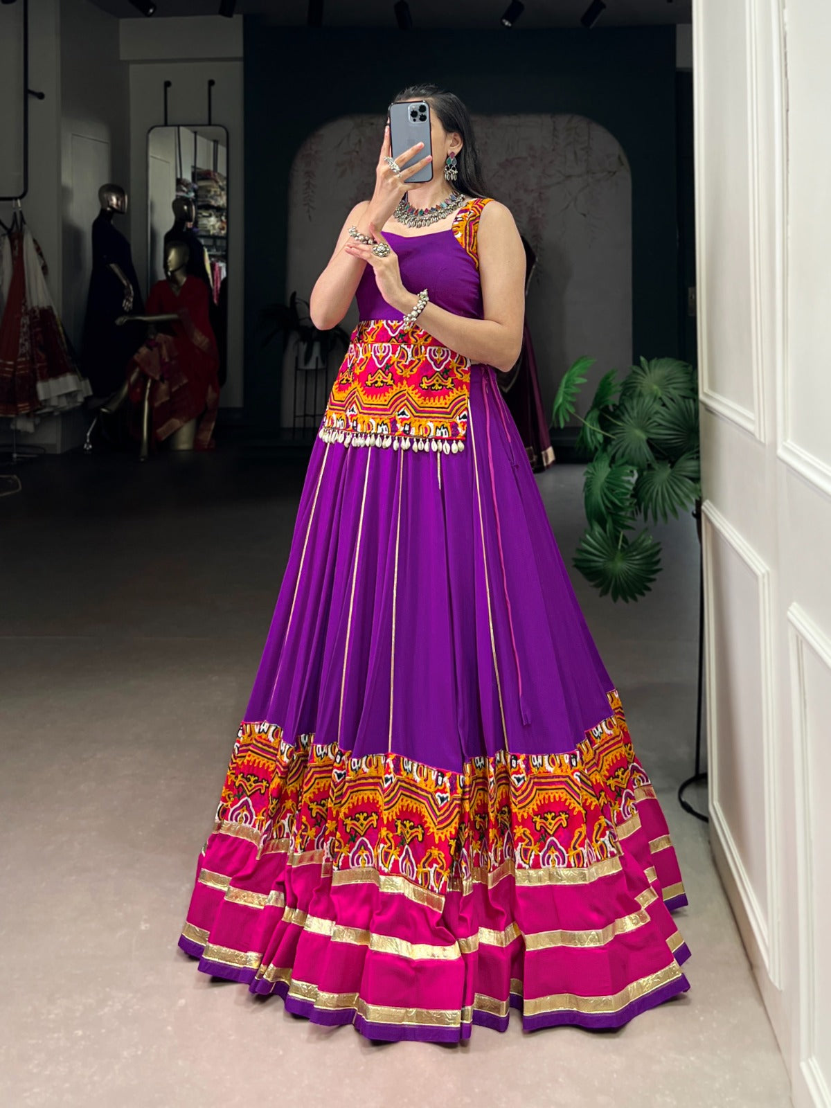 Lorenvalley Fashion Purple Pure Rayon Gamthi Work And Embossed Design With Gota Patti Lace Touch Up Lehenga Choli