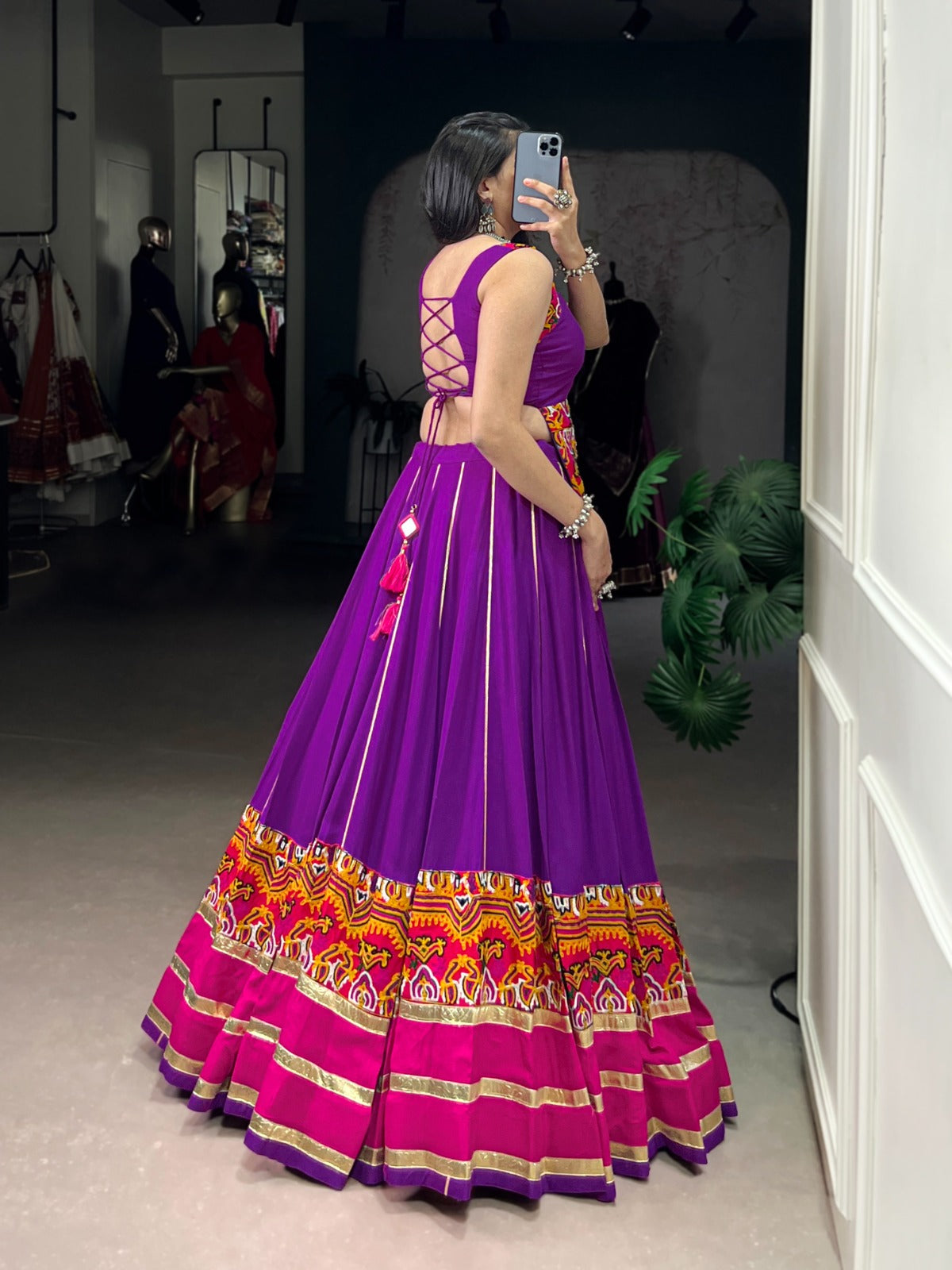 Lorenvalley Fashion Purple Pure Rayon Gamthi Work And Embossed Design With Gota Patti Lace Touch Up Lehenga Choli