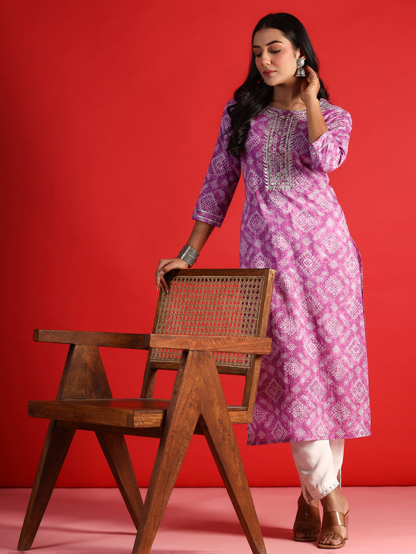 Indo Era Lavender Printed Straight Kurta - Distacart