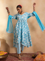 Thumbnail for Indo Era Blue Printed A-Line Kurta Trousers With Dupatta set - Distacart