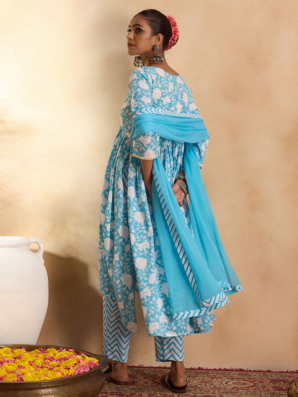Indo Era Blue Printed A-Line Kurta Trousers With Dupatta set - Distacart
