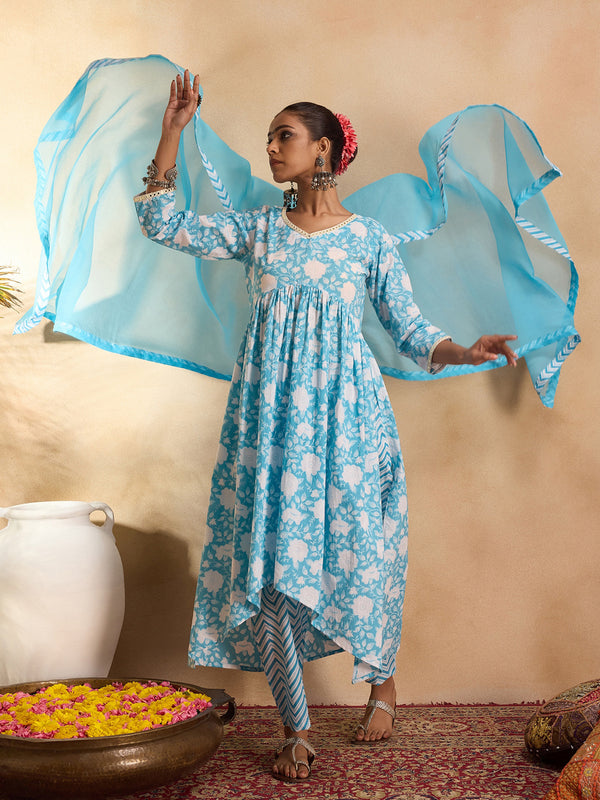 Indo Era Blue Printed A-Line Kurta Trousers With Dupatta set - Distacart