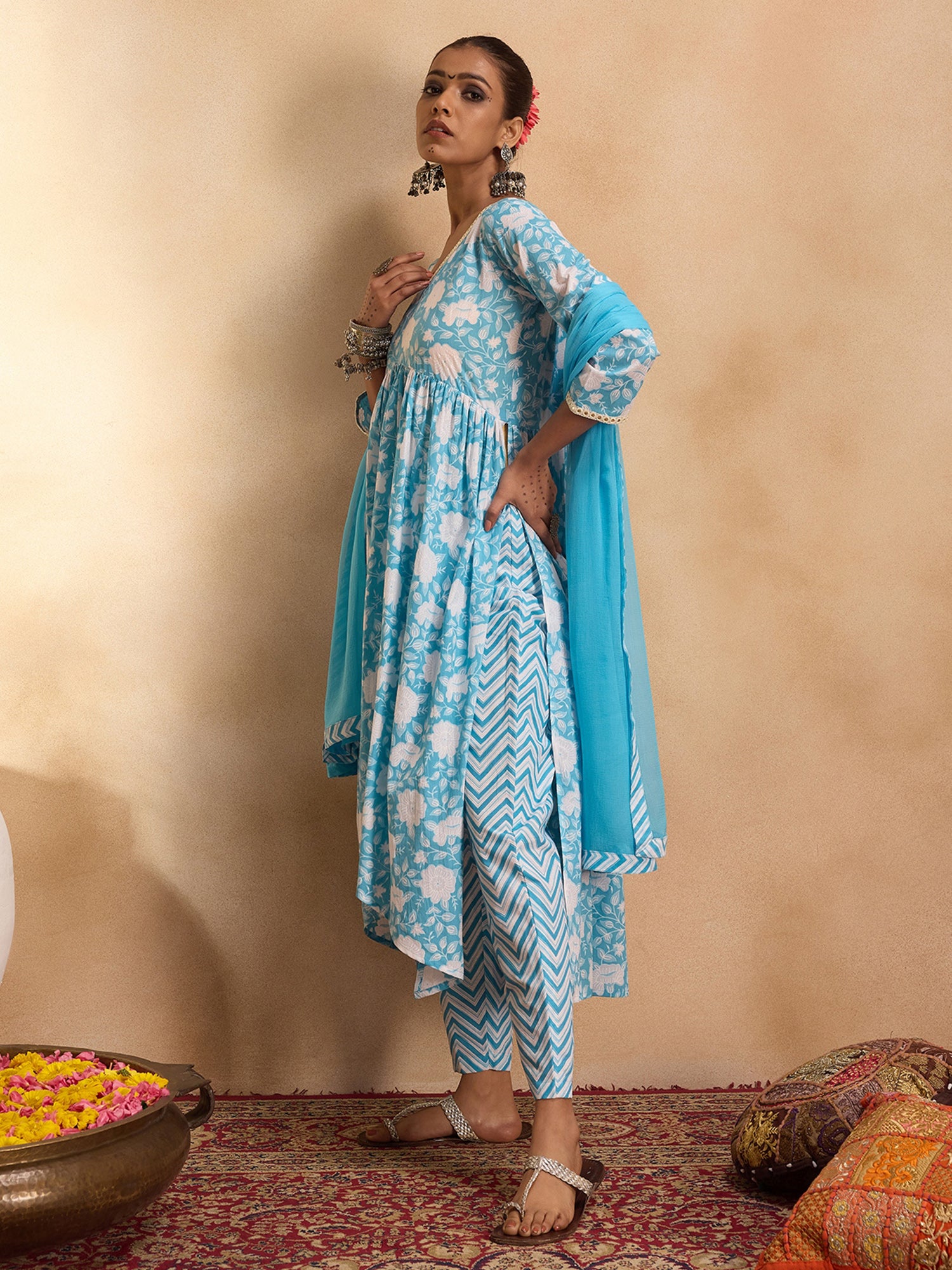 Indo Era Blue Printed A-Line Kurta Trousers With Dupatta set - Distacart