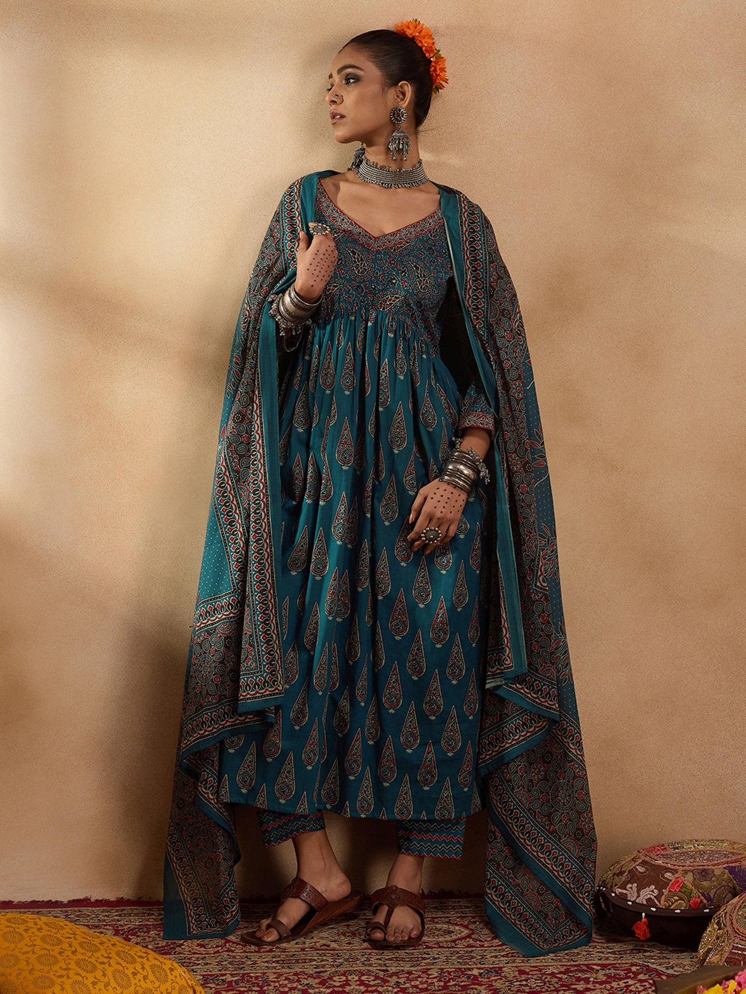 Indo Era Teal Printed A-Line Kurta Trousers With Dupatta set - Distacart