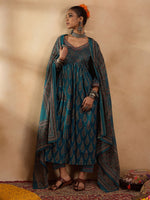 Thumbnail for Indo Era Teal Printed A-Line Kurta Trousers With Dupatta set - Distacart