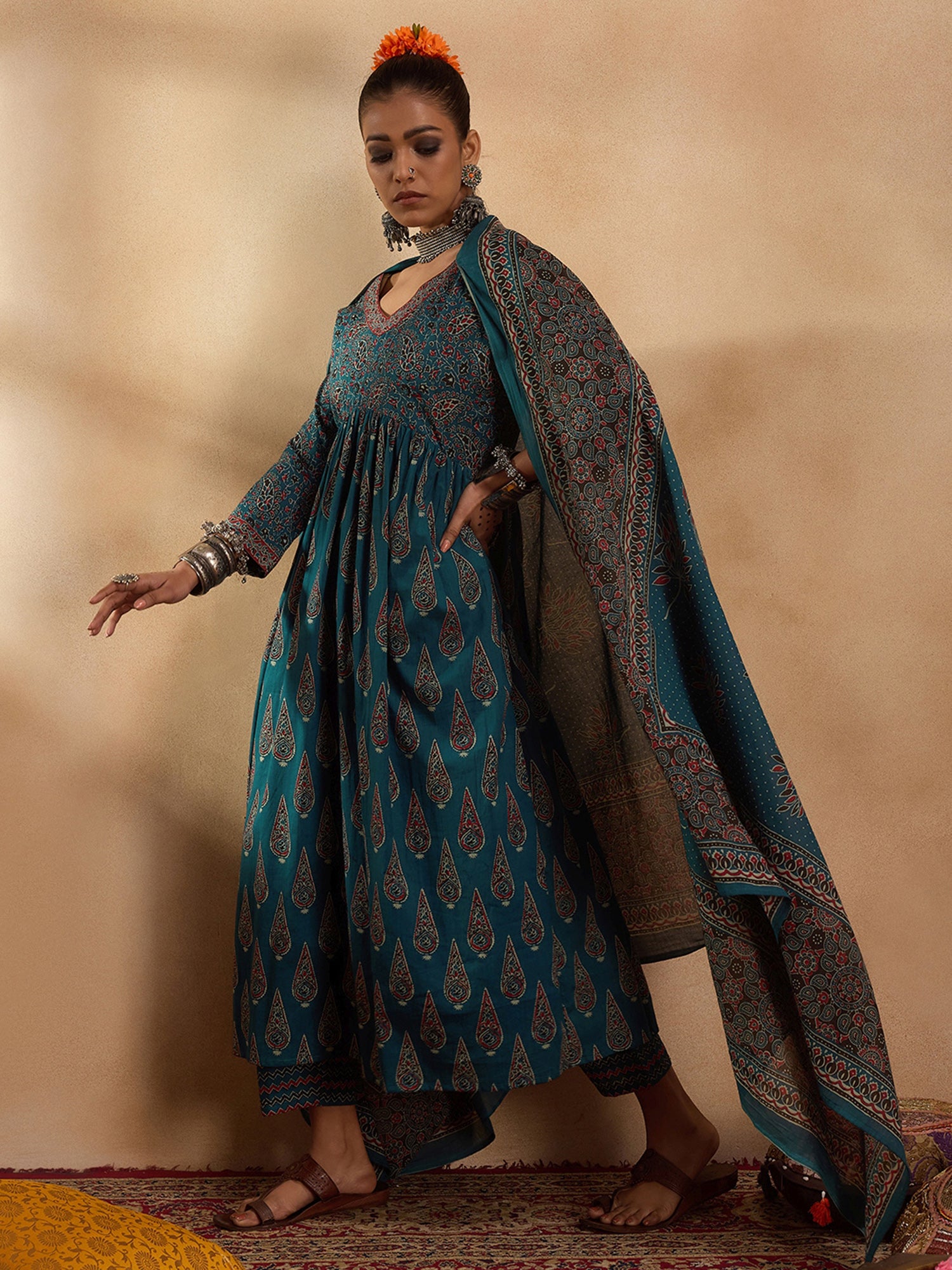 Indo Era Teal Printed A-Line Kurta Trousers With Dupatta set - Distacart