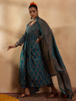Thumbnail for Indo Era Teal Printed A-Line Kurta Trousers With Dupatta set - Distacart
