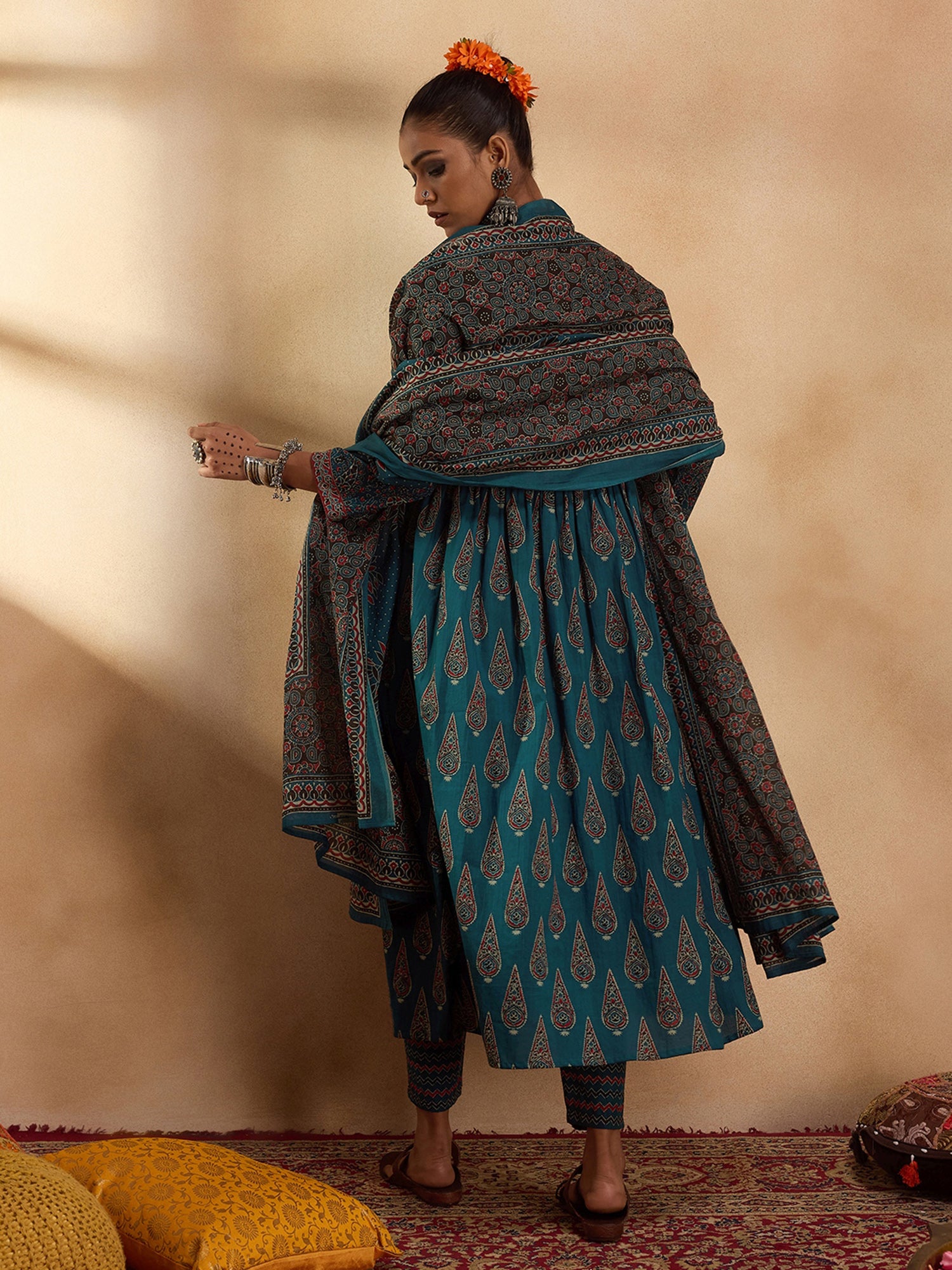 Indo Era Teal Printed A-Line Kurta Trousers With Dupatta set - Distacart
