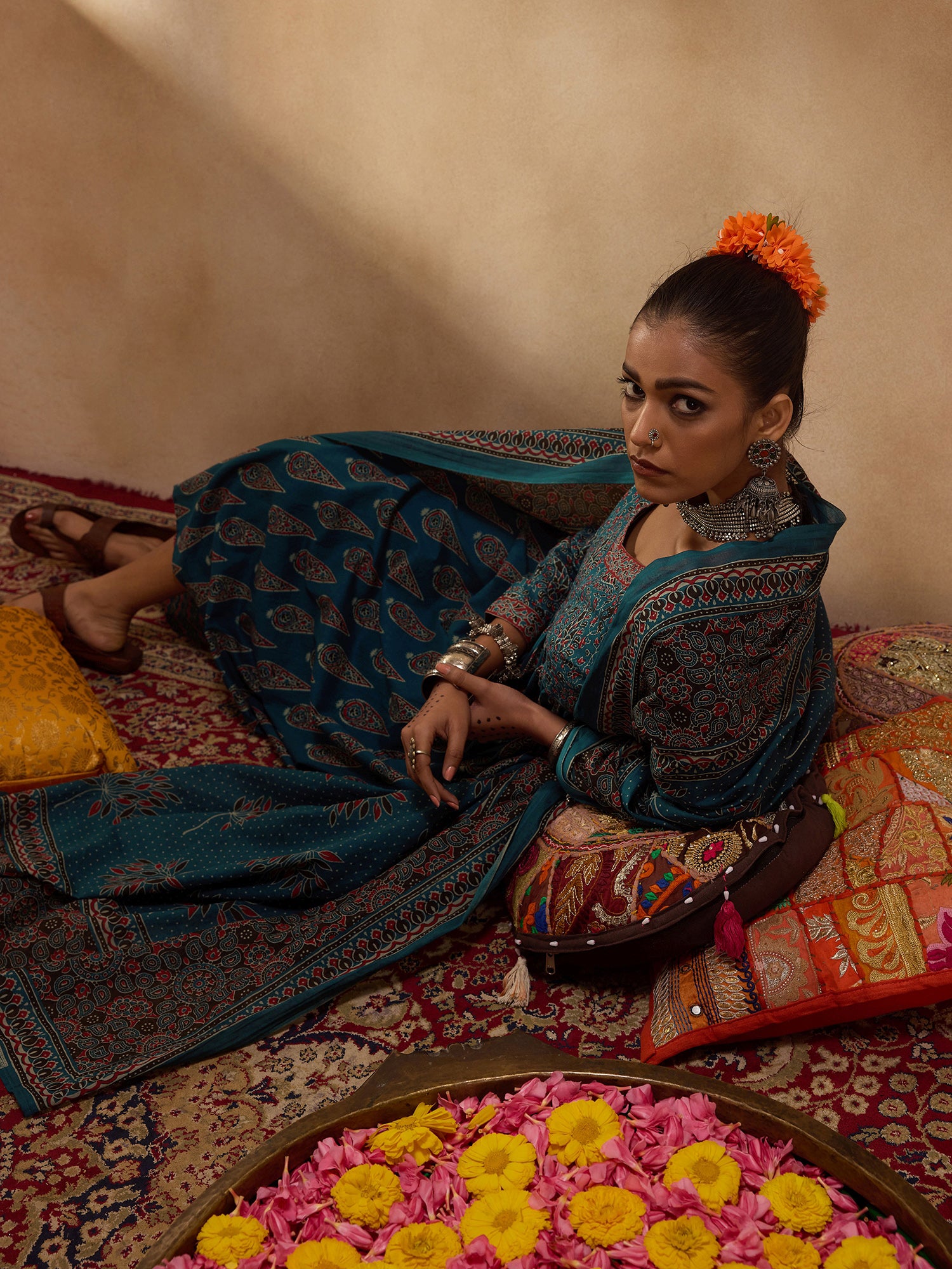 Indo Era Teal Printed A-Line Kurta Trousers With Dupatta set - Distacart