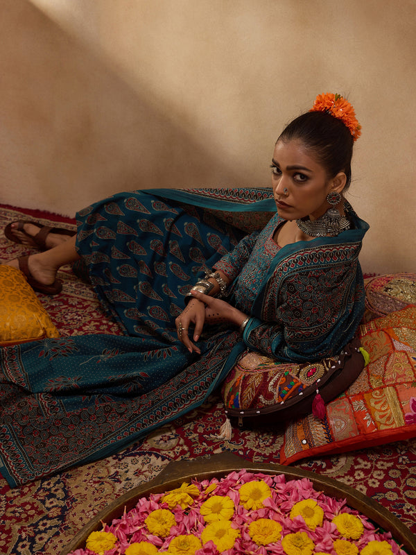 Indo Era Teal Printed A-Line Kurta Trousers With Dupatta set - Distacart