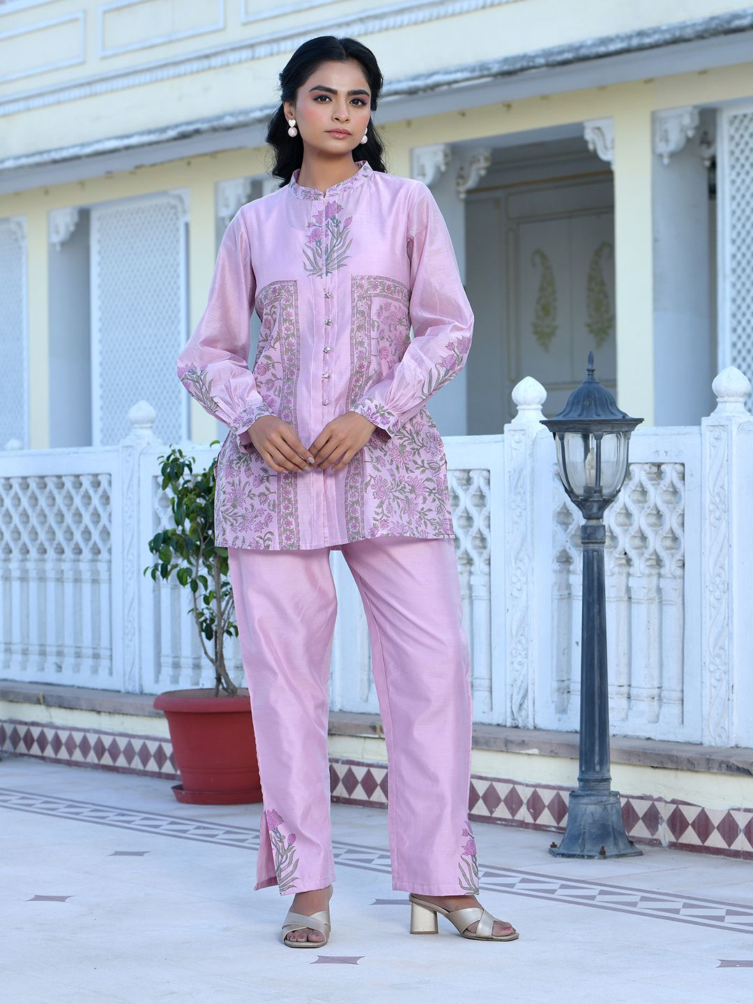 Vaasva Women's Soft Pink Chanderi Block Printed Cord Set - Distacart