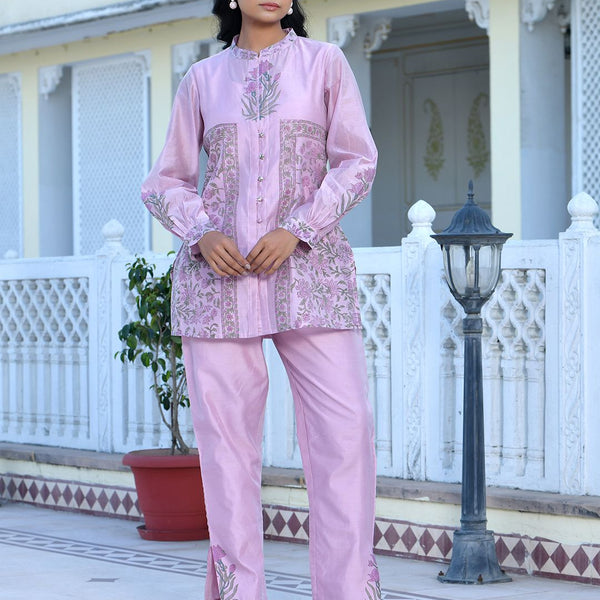 Vaasva Women's Soft Pink Chanderi Block Printed Cord Set - Distacart