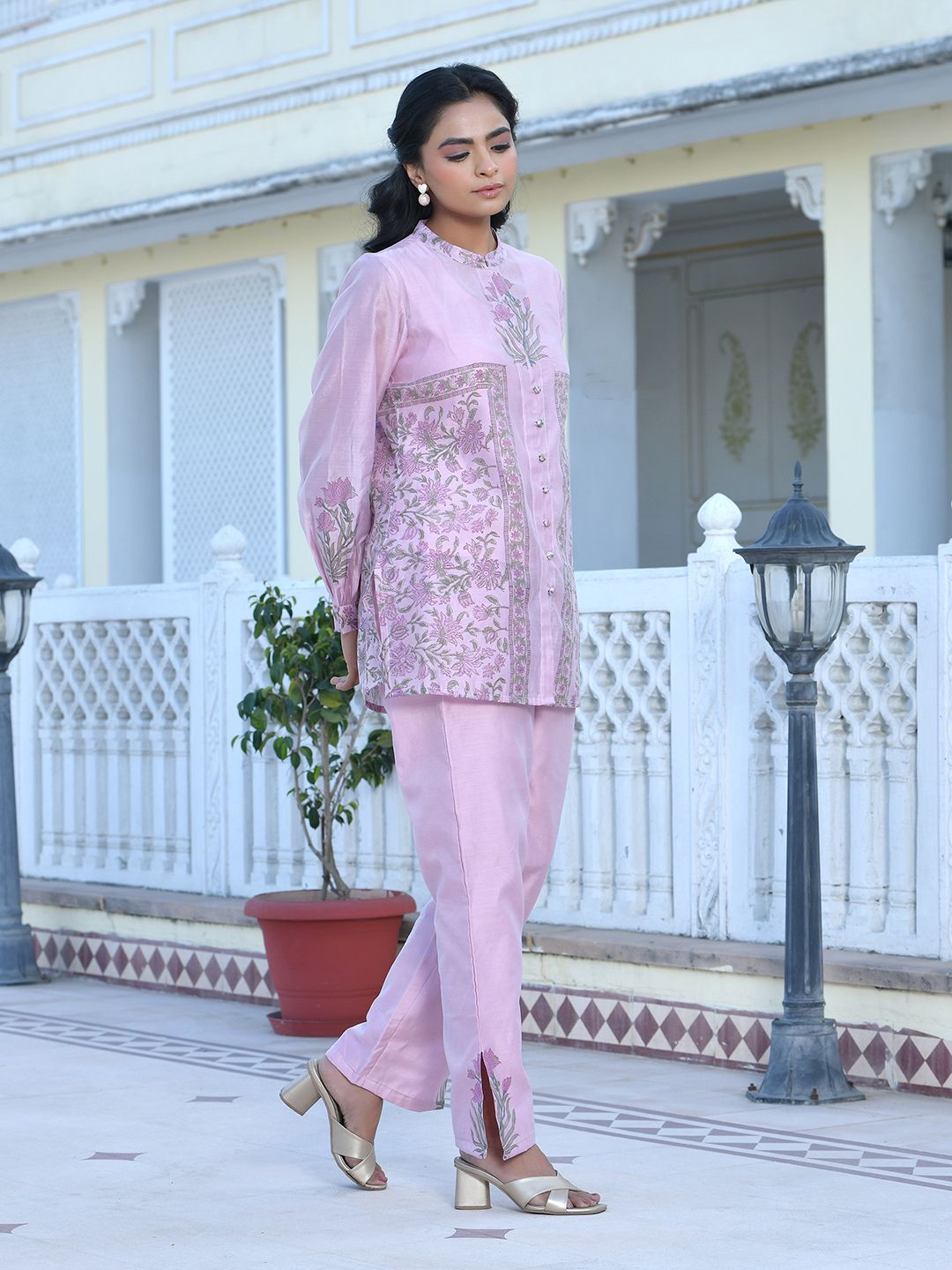 Vaasva Women's Soft Pink Chanderi Block Printed Cord Set - Distacart