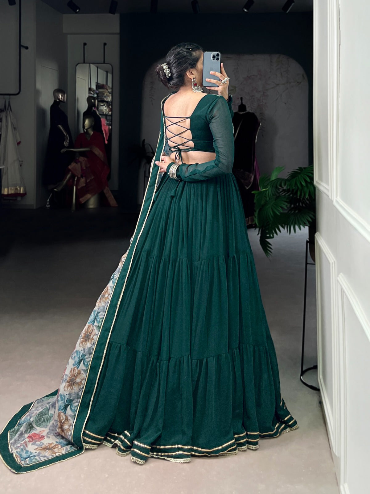 Lorenvalley Fashion Green Marble Lace Touch Up Lehenga Choli with Dupatta