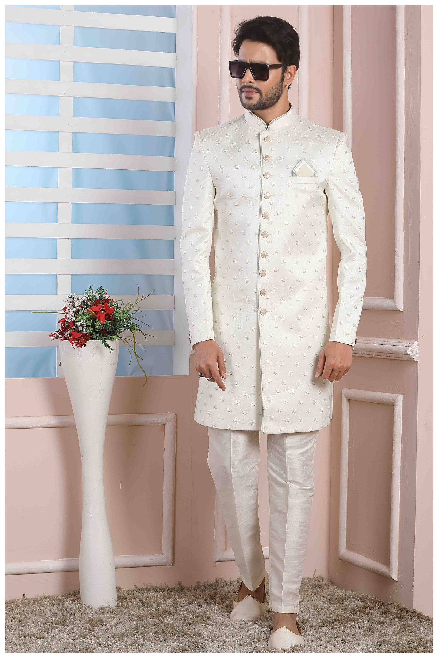 Raivat Ethnic Art Silk Thread Work Indo Western In Cream Colour - Distacart