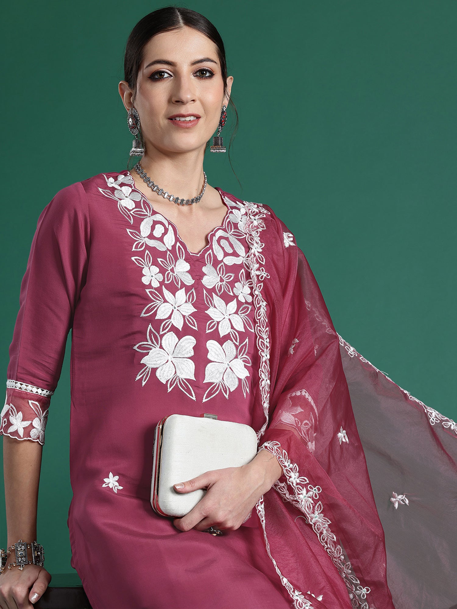 Indo Era Pink Embroidered Straight Kurta Trousers With Dupatta set - Distacart