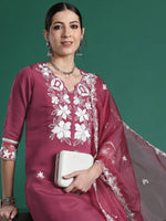 Thumbnail for Indo Era Pink Embroidered Straight Kurta Trousers With Dupatta set - Distacart