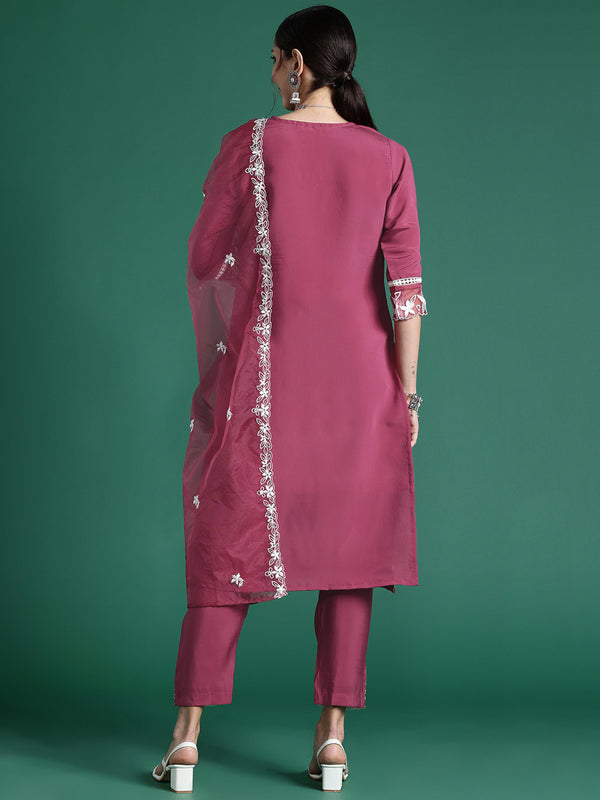 Indo Era Pink Embroidered Straight Kurta Trousers With Dupatta set - Distacart