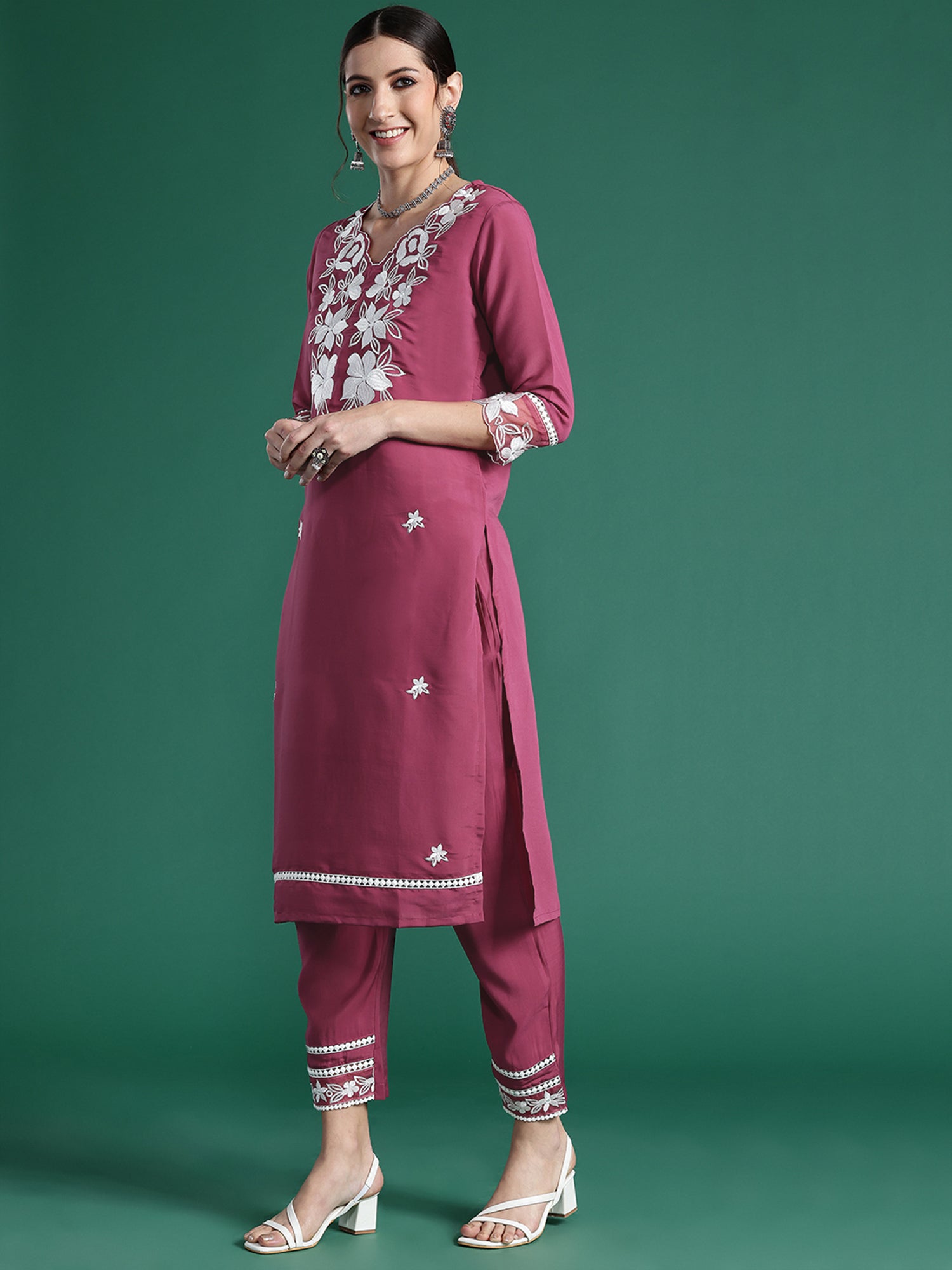Indo Era Pink Embroidered Straight Kurta Trousers With Dupatta set - Distacart