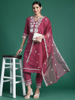 Thumbnail for Indo Era Pink Embroidered Straight Kurta Trousers With Dupatta set - Distacart