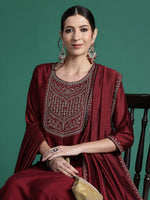 Thumbnail for Indo Era Maroon Embroidered Straight Kurta Trousers With Dupatta set - Distacart