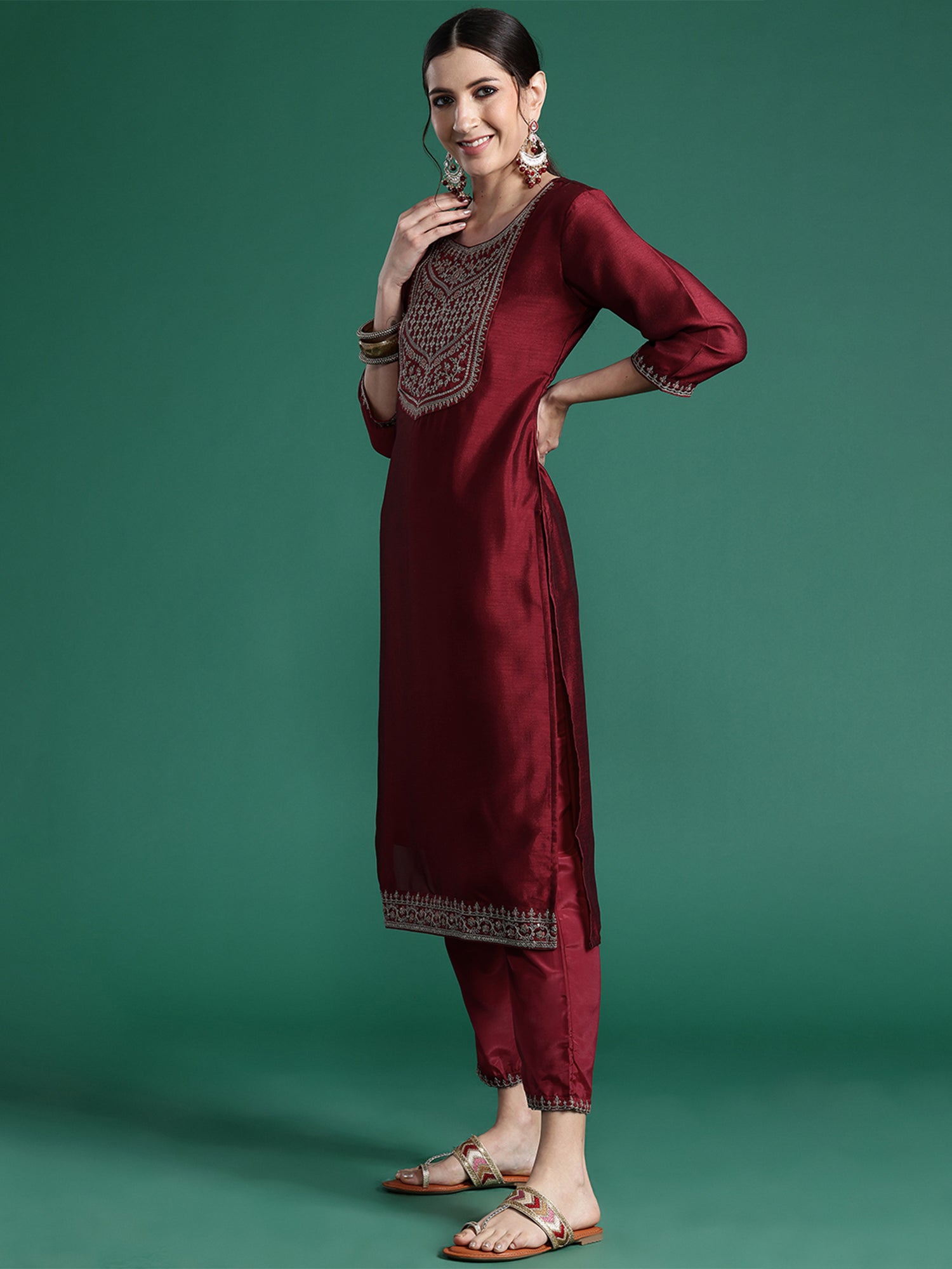 Indo Era Maroon Embroidered Straight Kurta Trousers With Dupatta set - Distacart