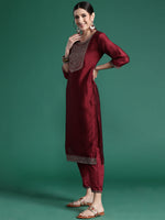 Thumbnail for Indo Era Maroon Embroidered Straight Kurta Trousers With Dupatta set - Distacart