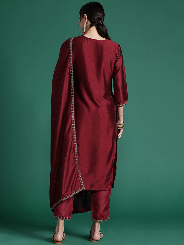 Indo Era Maroon Embroidered Straight Kurta Trousers With Dupatta set - Distacart
