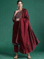 Thumbnail for Indo Era Maroon Embroidered Straight Kurta Trousers With Dupatta set - Distacart