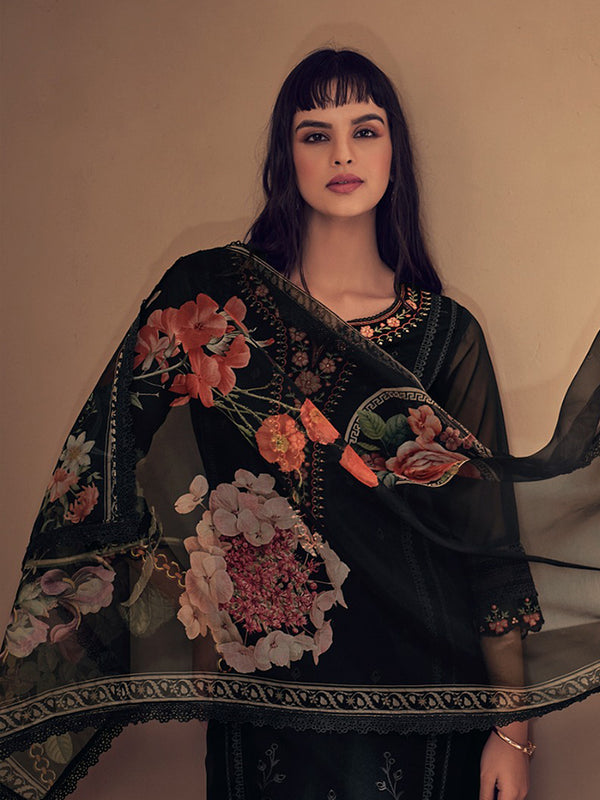 Indo Era Black Embroidered Straight Kurta Trousers With Dupatta set - Distacart