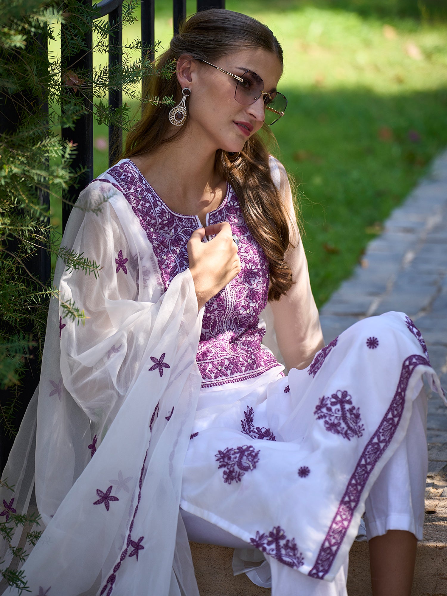 Indo Era White Embroidered Straight Kurta Trousers With Dupatta set - Distacart
