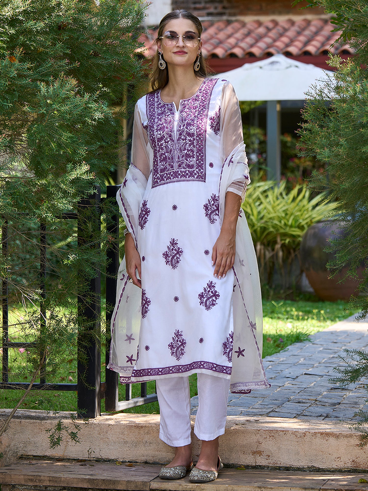 Indo Era White Embroidered Straight Kurta Trousers With Dupatta set - Distacart