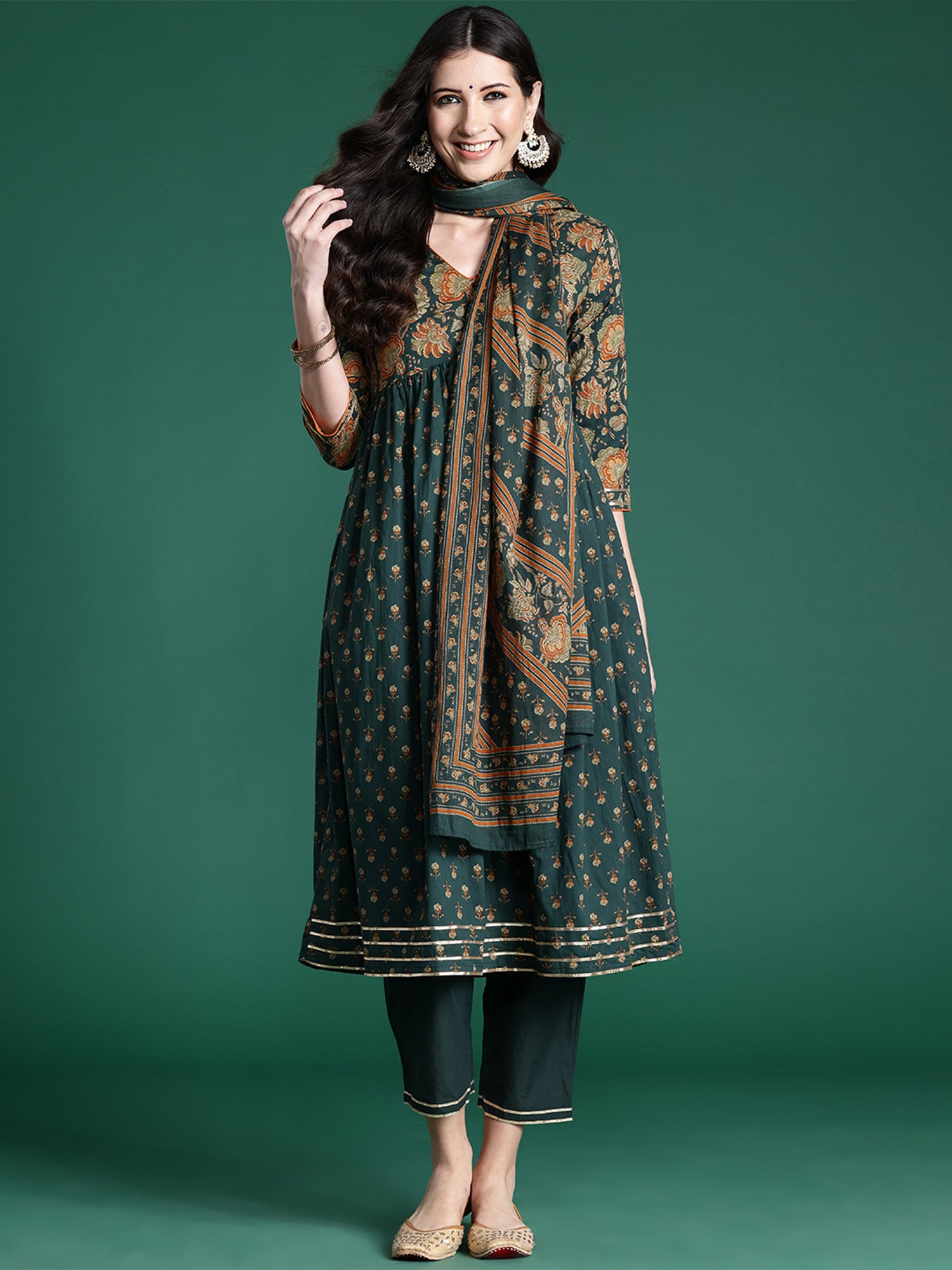 Indo Era Green Printed A-Line Kurta Trousers With Dupatta set - Distacart