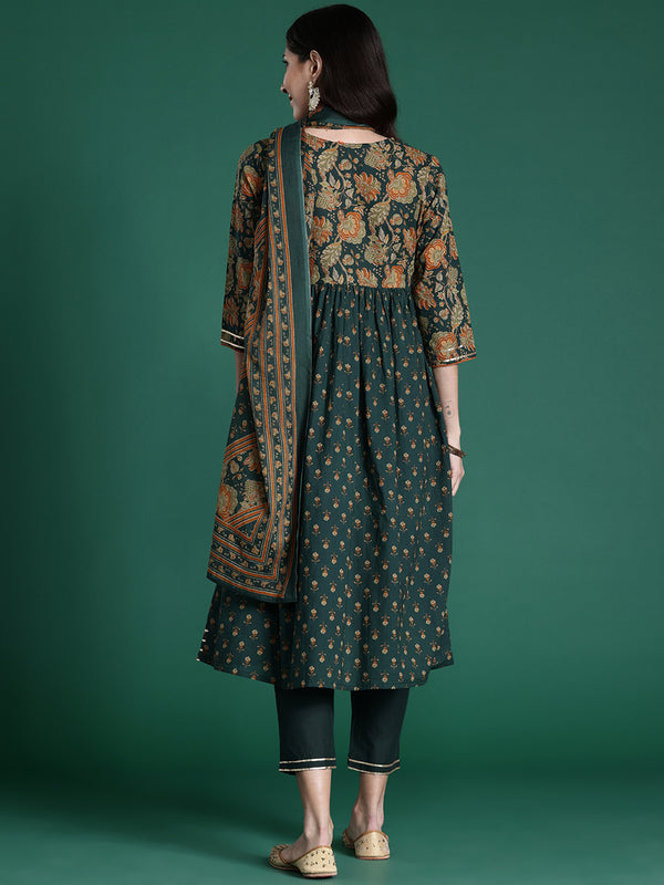 Indo Era Green Printed A-Line Kurta Trousers With Dupatta set - Distacart