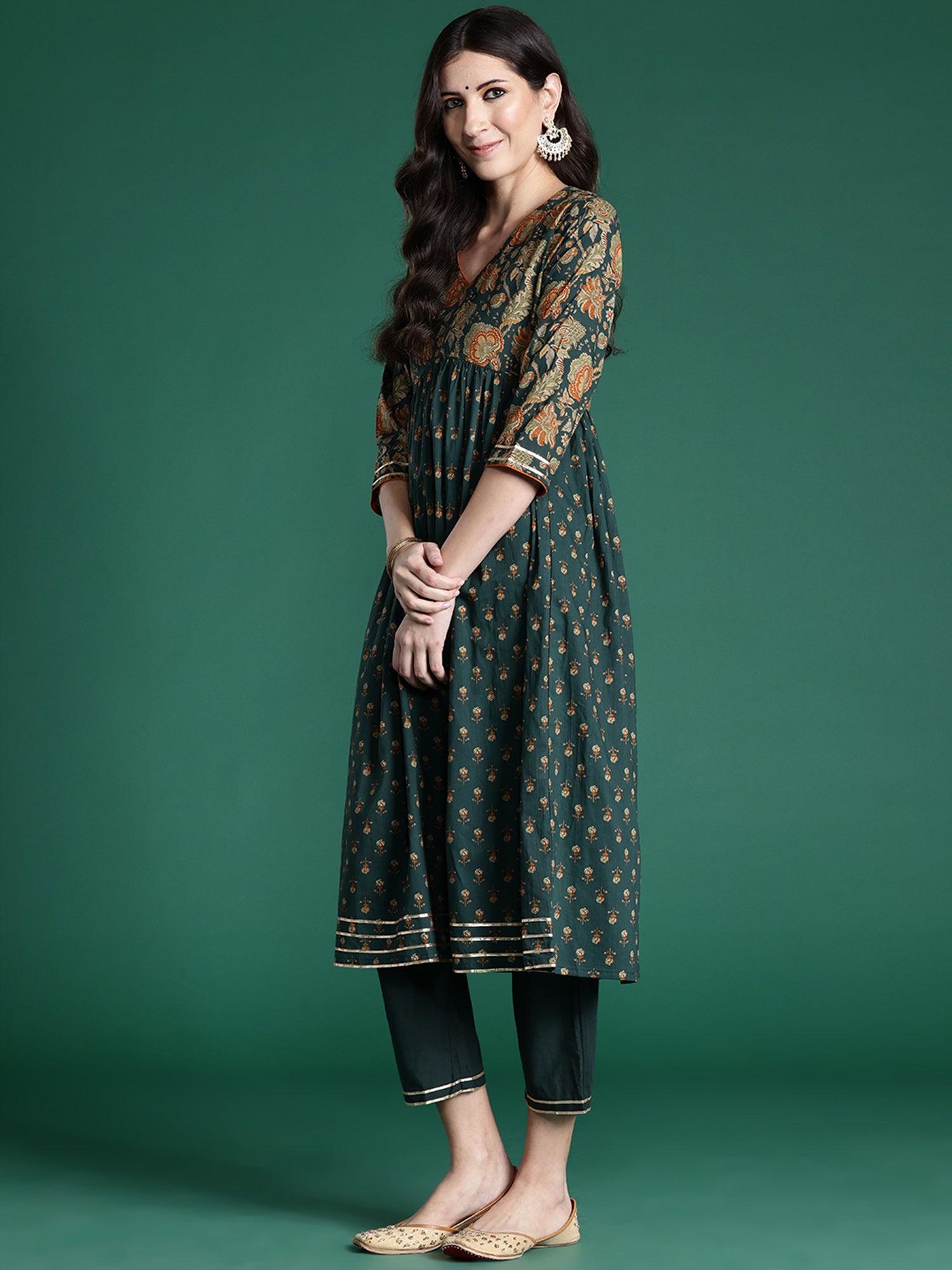 Indo Era Green Printed A-Line Kurta Trousers With Dupatta set - Distacart