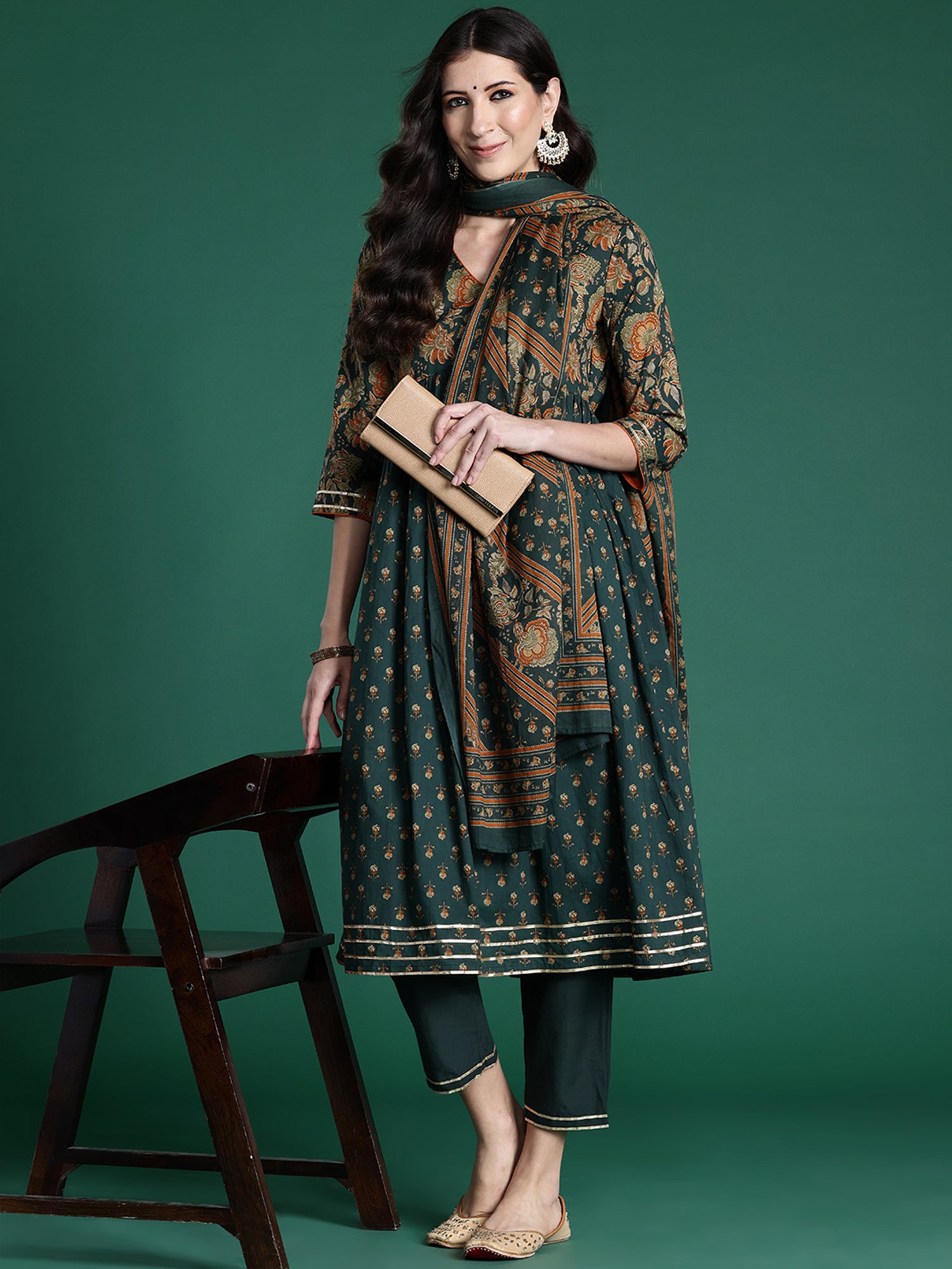 Indo Era Green Printed A-Line Kurta Trousers With Dupatta set - Distacart