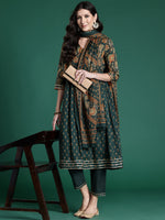 Thumbnail for Indo Era Green Printed A-Line Kurta Trousers With Dupatta set - Distacart